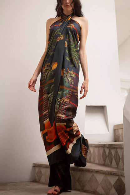 Summer Vintage Print Straight Wide Leg Pants Cross Halterneck Top Two Piece Sets - Iyanka
