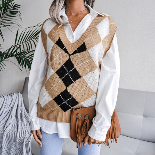 Autumn Winter College Rhombus V-neck Casual Loose Knit Vest Sweater Women Clothing - Iyanka