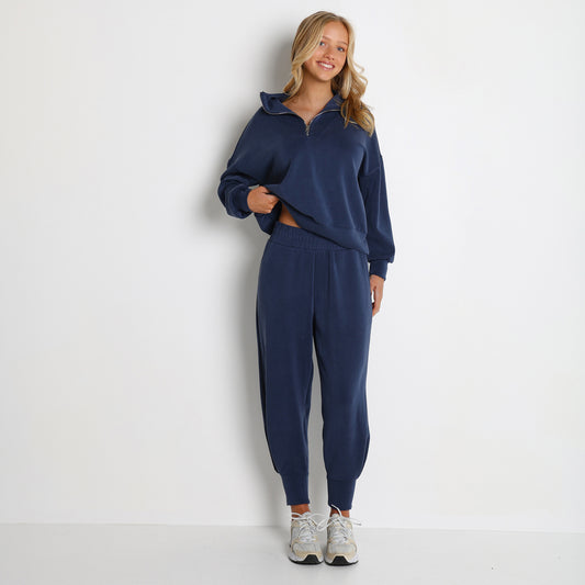 Zipper Half Open Collar Long Sleeve Sweatshirt Sweatpants Pullover Casual Two Piece Set - Iyanka