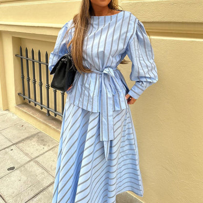 Women Striped Skirt Set round Neck Long Sleeve Tied Pullover Top Office Two Piece Set - Iyanka