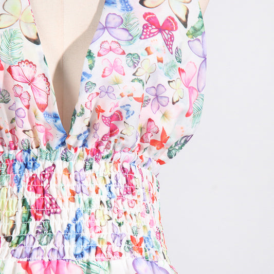 Retro Printed Vacation Summer Halter Design Deep V Plunge neck Sleeveless Short Dress for Women