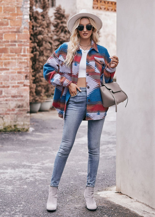 Women Autumn Winter Aztec Geometric Abstract Jacket Shirt Collared Woolen Coat - Iyanka