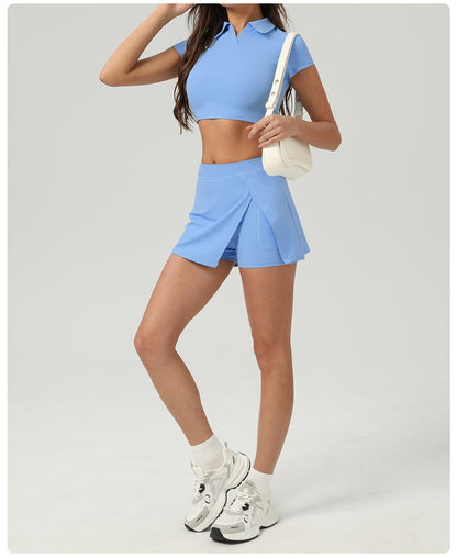Summer Tennis Skirt Ice Feeling Sun Protection Sports Short Sleeve Top Loose Running Anti Emptied Pantskirt Two Piece Sets - Iyanka