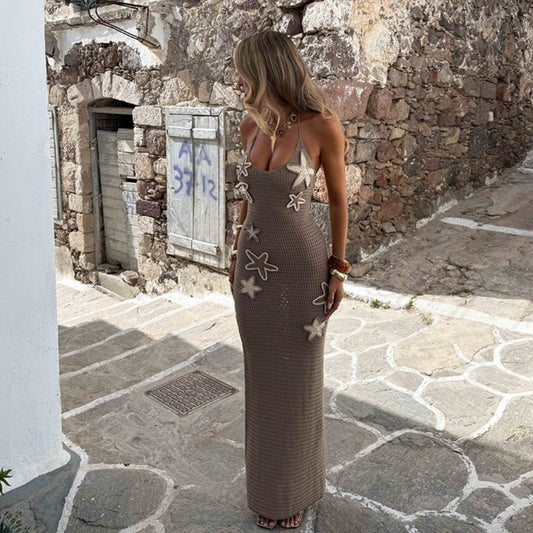 Sexy Sleeveless Halterneck with Suspenders Tied High Waist Elegant Knitted Dress - Iyanka
