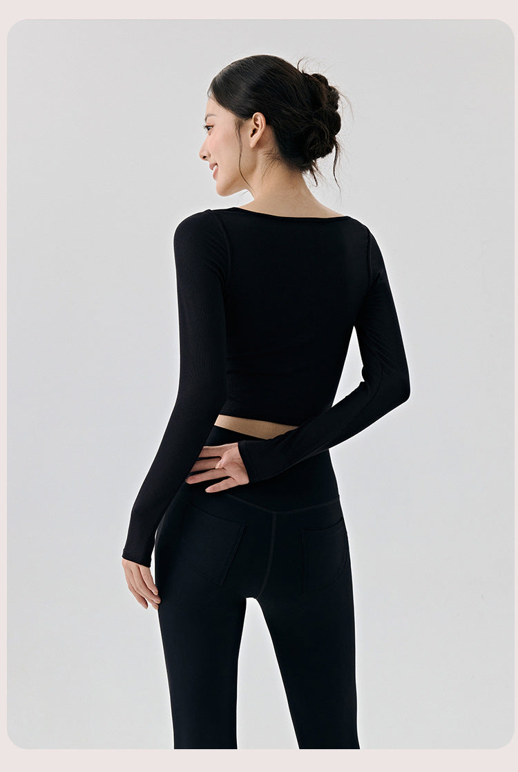 Scoop Yoga Clothing Top Women Short Slim Fit Slimming Workout Top Solid Color Shoulder Sports T shirt - Iyanka