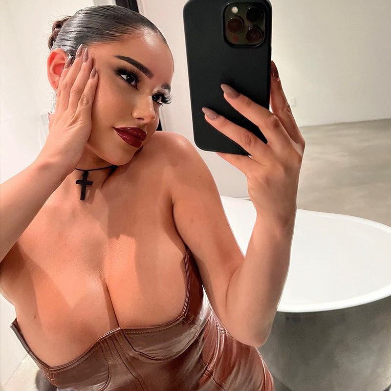 Women Clothing Faux Leather Personality Off Neck Low Cut Sexy Tight Sleeveless Backless Dress - Iyanka