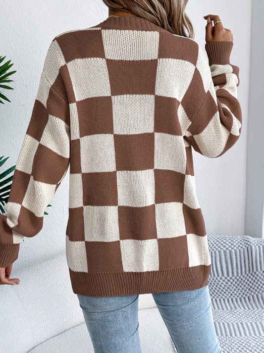 Autumn Winter Contrast Color Plaid Lantern Sleeve Cardigan Sweater Mid Length Coat Women Clothing - Iyanka