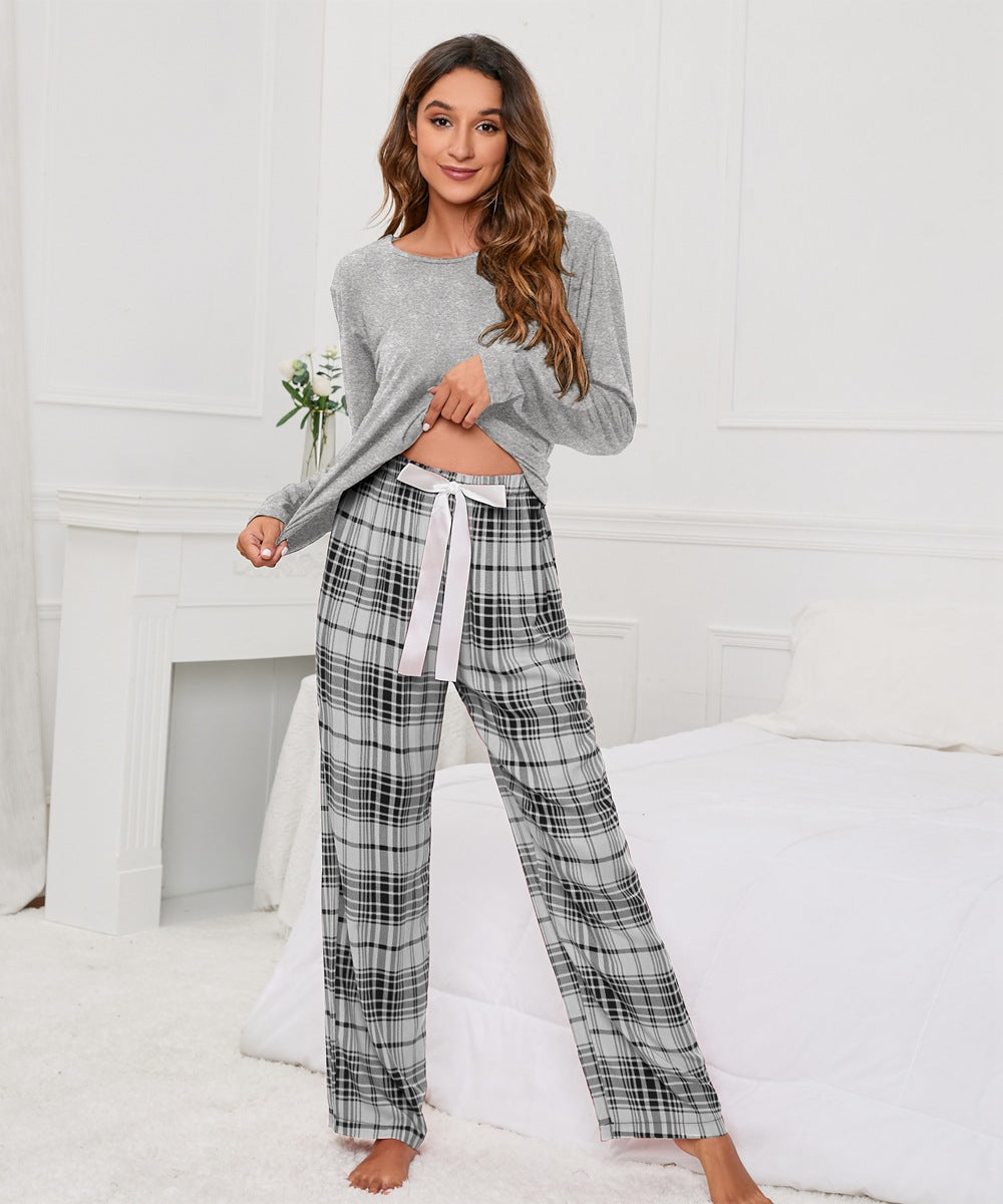 Solid Color round Neck T Printed Checks Women Casual Suit Homewear Pajamas Women - Iyanka