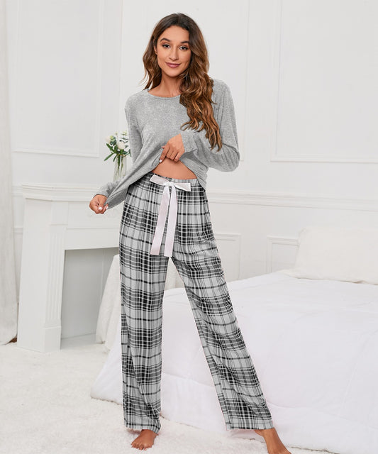 Solid Color round Neck T Printed Checks Women Casual Suit Homewear Pajamas Women - Iyanka