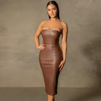 Autumn Winter Solid Color Faux Leather Elegant Slim-Fit Tube Top Back Slit Sexy Midi Dress - Iyanka