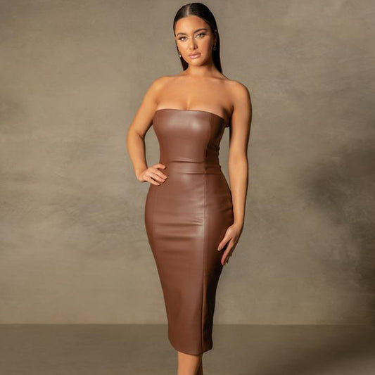 Autumn Winter Solid Color Faux Leather Elegant Slim-Fit Tube Top Back Slit Sexy Midi Dress - Iyanka