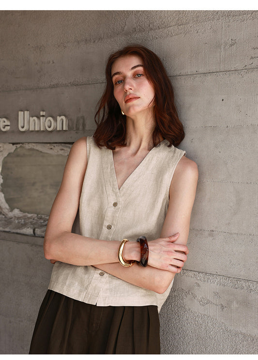 Summer All Linen Women Vests Special Interest Design V neck Sleeveless Top Solid Color Vest - Iyanka