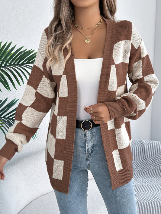 Autumn Winter Contrast Color Plaid Lantern Sleeve Cardigan Sweater Mid Length Coat Women Clothing - Iyanka