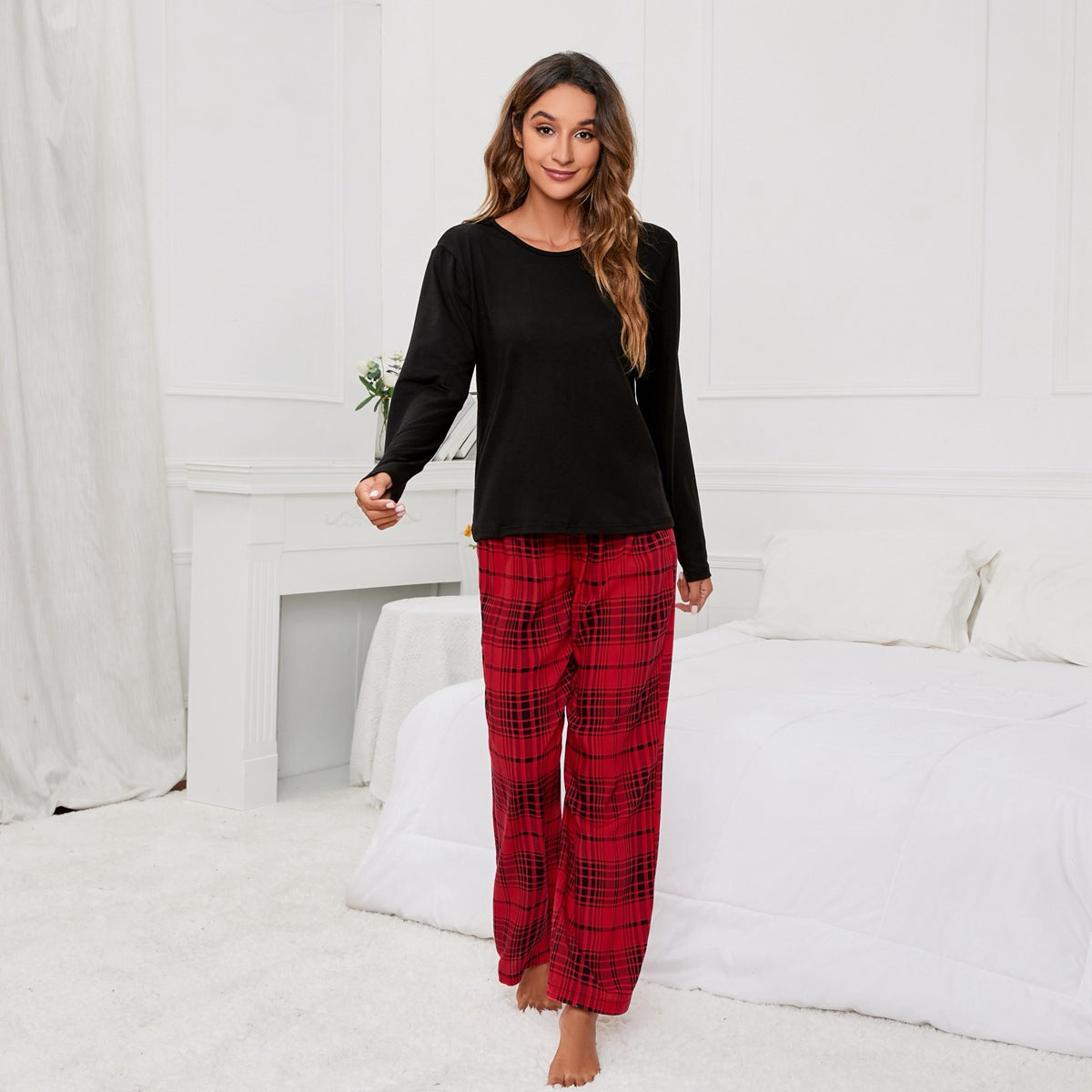 Solid Color round Neck T Printed Checks Women Casual Suit Homewear Pajamas Women - Iyanka