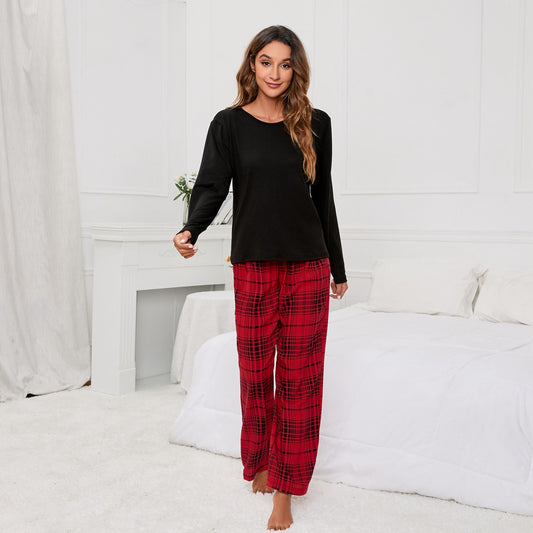 Solid Color round Neck T Printed Checks Women Casual Suit Homewear Pajamas Women - Iyanka