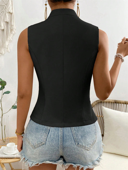 Women Clothing V neck Buttons Sleeveless Cardigan Shirt Vest Small Vest Top - Iyanka