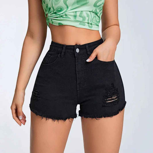 Ripped Black Denim Casual Slim Fit Figure Flattering Multi Craft Design Women Denim Shorts Denim Shorts Shorts