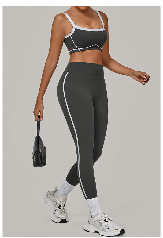 Autumn Sand Color Contrast Patchwork Yoga Suit Skinny Slimming Outdoor Sports Running Fitness Two Piece Sets - Iyanka
