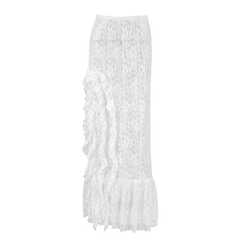 Women Commuting Wear Summer Side Slit Sexy Ruffles Atmosphere Lace See through Skirt