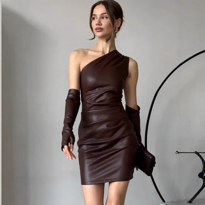 Faux Leather Dress Street Hipster Women Clothing Diagonal Collar Sleeveless Oversleeve Tight Waist Sheath Dress - Iyanka