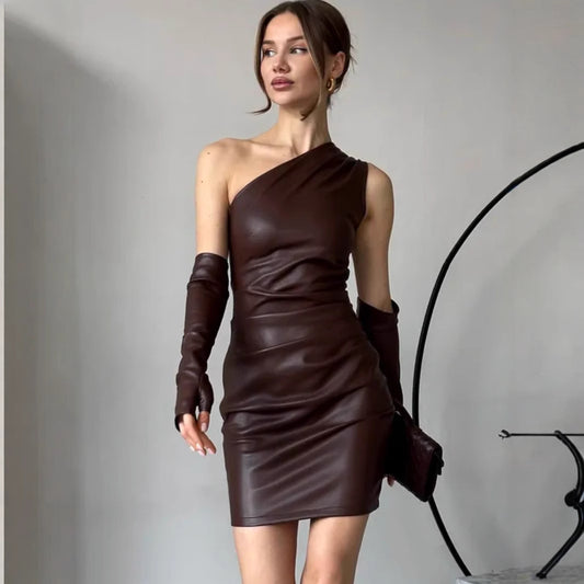 Faux Leather Dress Street Hipster Women Clothing Diagonal Collar Sleeveless Oversleeve Tight Waist Sheath Dress - Iyanka
