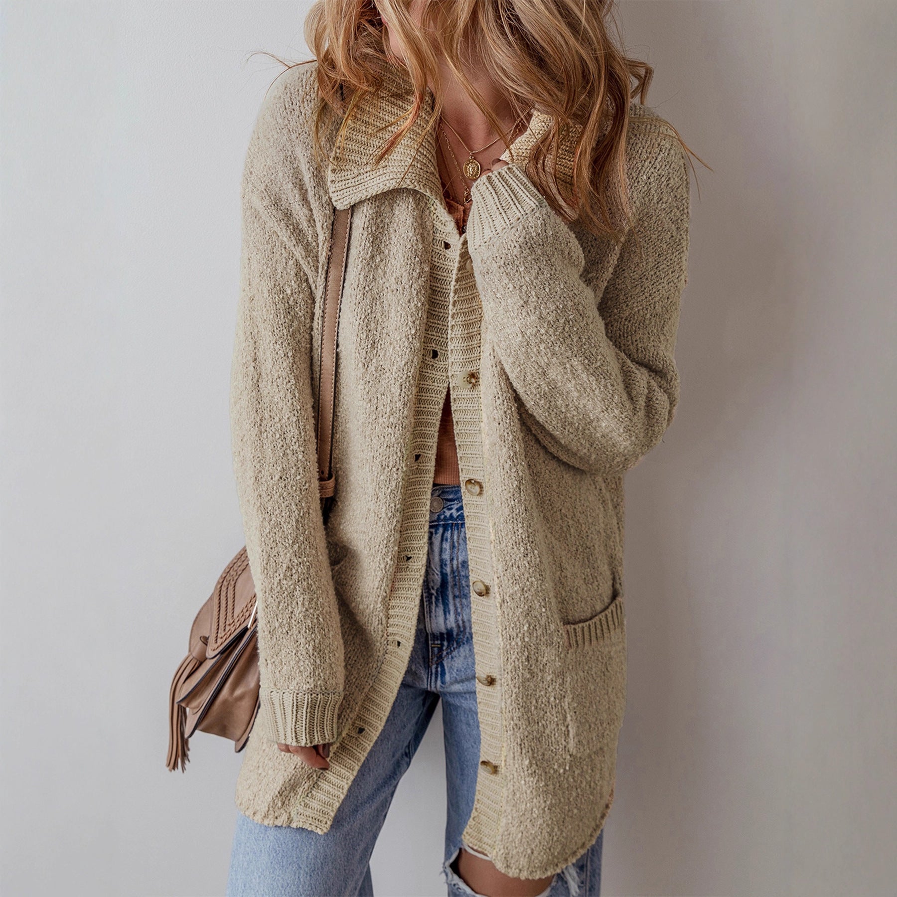 Fall Winter Lazy Wind Drop Shoulder Knitted Cardigan Women Casual Mid Length Cardigan Sweater Women - Iyanka