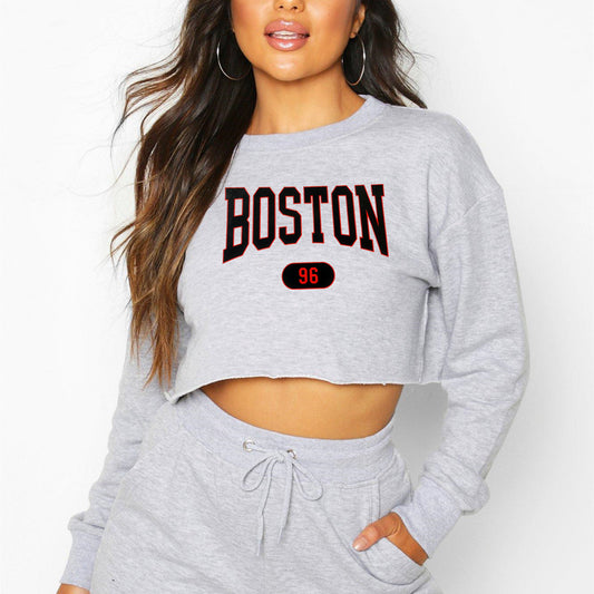 Women Clothing Autumn Winter Boston Letter Graphic Printing Cropped Long Sleeves Sweatshirt Women - Iyanka