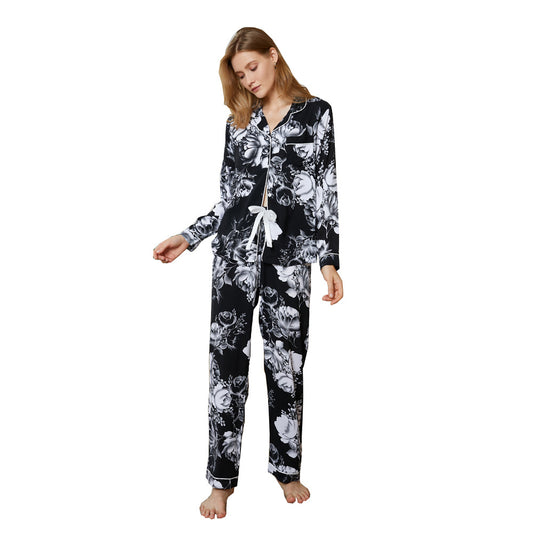 Long Sleeved Trousers Rayon V neck Pajamas Comfort Printing Summer Thin Pajamas Casual Set - Iyanka
