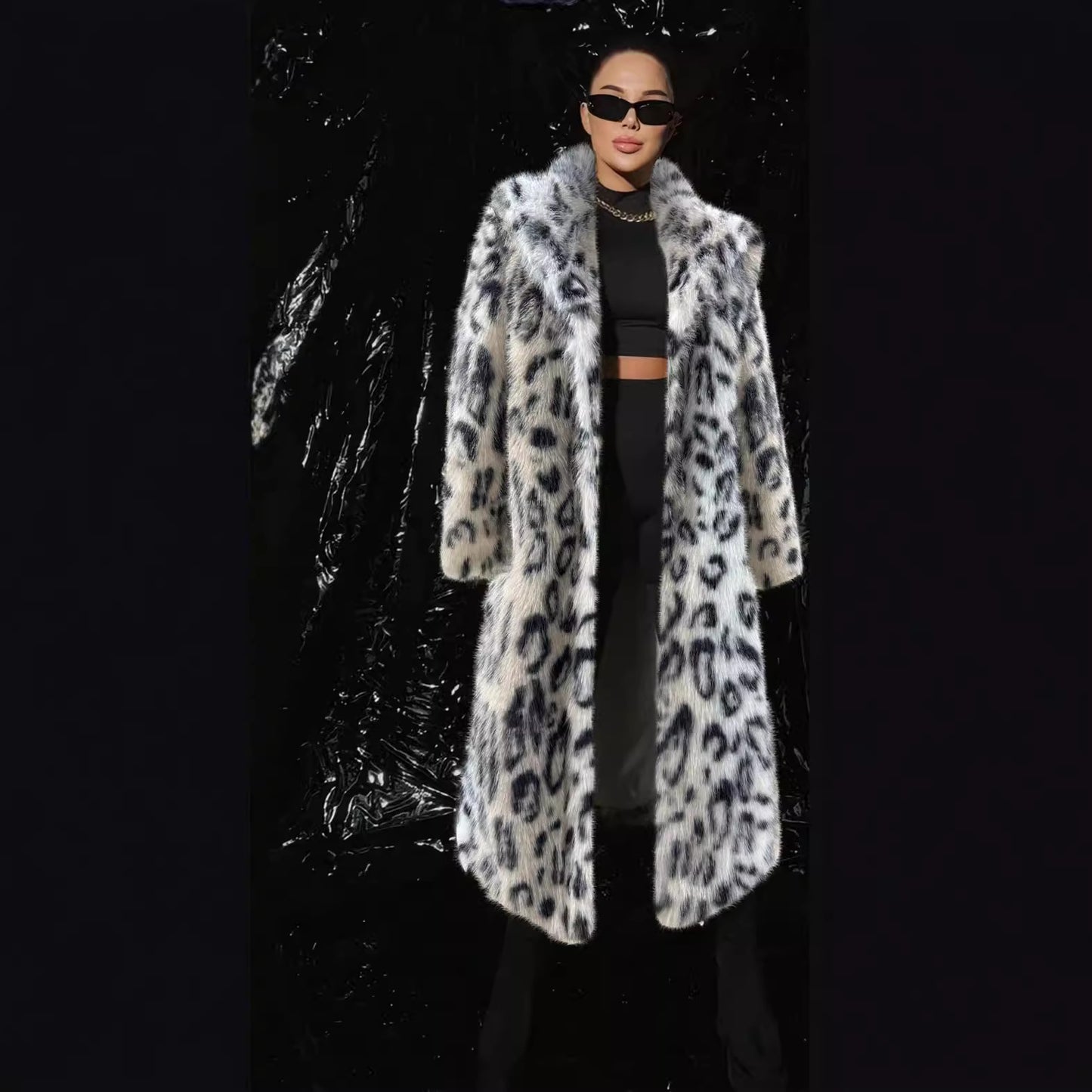 Autumn Winter Leopard Print Women Coat Mid Length Collar Faux Fur Leather Fur Coat - Iyanka