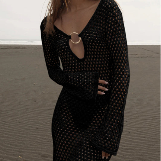 Holiday Front Long Hollow Out Cutout Metal Buckle V neck Long Sleeve Dress Beach Sun Protection Backless Smock Dress - Iyanka