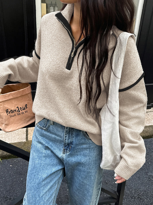 Casual Simple Solid Color Long Sleeve Zipper Sweaters Women Clothing Autumn Winter - Iyanka