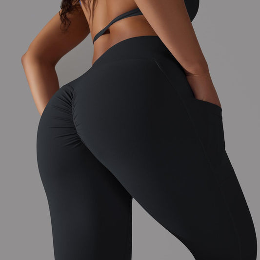 Solid Color Nude Feel Skin Friendly Cross Waist Pocket Yoga Pants High Waist Hip Lift Stretch Fitness Sports Ninth Pants - Iyanka