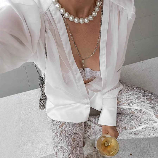 Women’s French Elegant Deep V Lace-Up Long Sleeve Blouse