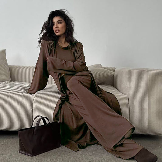 Summer Pajamas Three Piece Knitted Solid Color Top Trousers Loose Comfortable Home Wear - Iyanka
