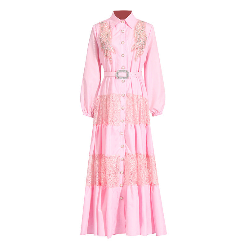 Socialite Elegant Dress Summer Collared Embroidery Water Soluble Floral Patchwork Waist Slimming Maxi Dress for Women