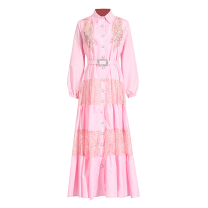 Socialite Elegant Dress Summer Collared Embroidery Water Soluble Floral Patchwork Waist Slimming Maxi Dress for Women