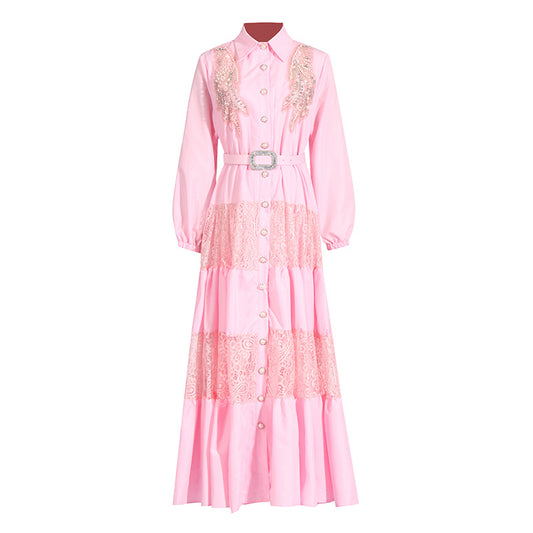 Socialite Elegant Dress Summer Collared Embroidery Water Soluble Floral Patchwork Waist Slimming Maxi Dress for Women
