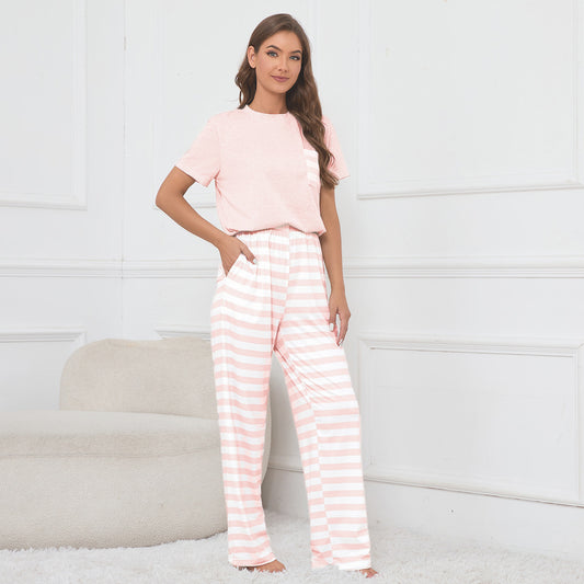 Real Shot round Neck Short Sleeve Top Striped Printed Lace Trousers Home Wear Pajamas Suit for Women - Iyanka