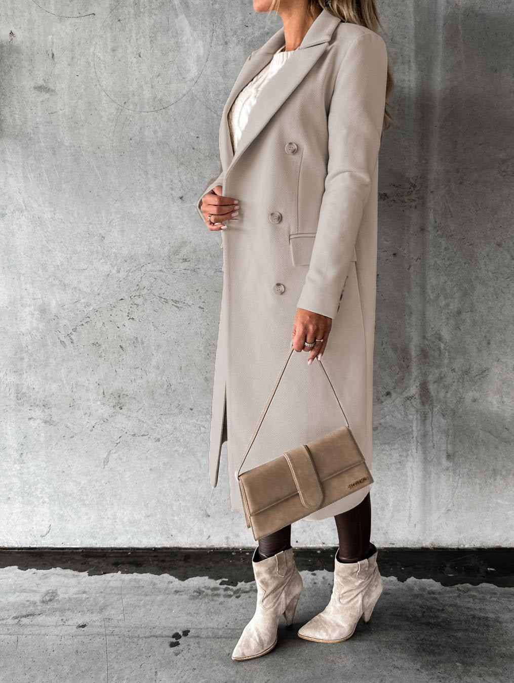 Autumn Winter Women Clothing Long Sleeve Polo Collar Solid Color Double Breasted Slim Fit Coat Overcoat - Iyanka