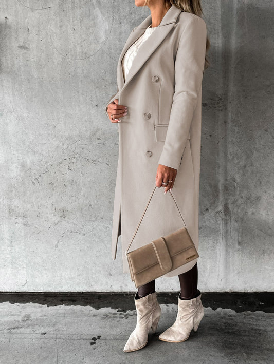 Autumn Winter Women Clothing Long Sleeve Polo Collar Solid Color Double Breasted Slim Fit Coat Overcoat - Iyanka