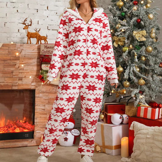 Women Clothing Autumn Winter Loose Long-Sleeved Trousers Christmas Printed Plush Jumpsuit - Iyanka