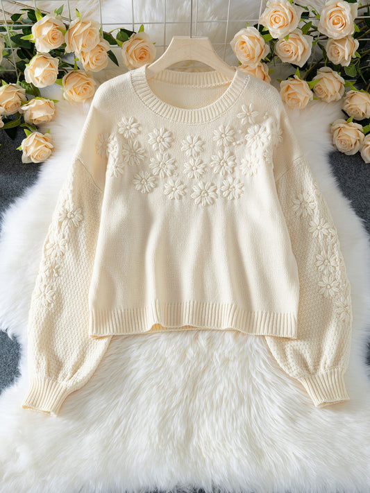 Autumn Winter Fresh Machine Embroidery Three Dimensional Little Daisy Pullover round Neck Loose Knitted Sweater - Iyanka