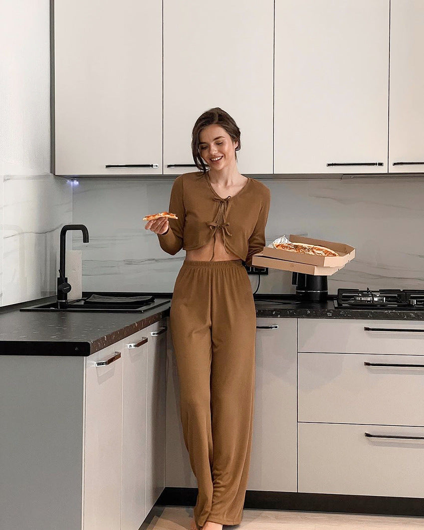 Autumn Winter Long Sleeve Lace up Trousers Two Piece Pajamas Knitted Sunken Stripe Ladies Homewear - Iyanka