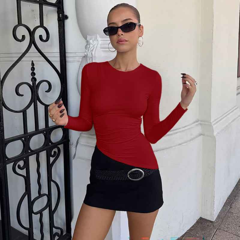 Women’s Summer Slim Fit Crew Neck Long Sleeve Beveled Top