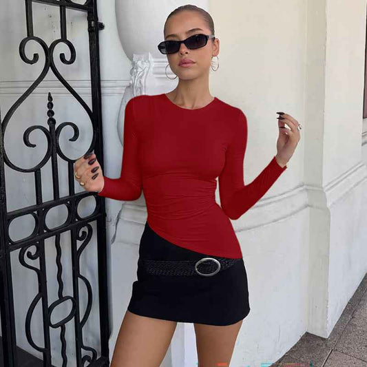 Women’s Summer Slim Fit Crew Neck Long Sleeve Beveled Top