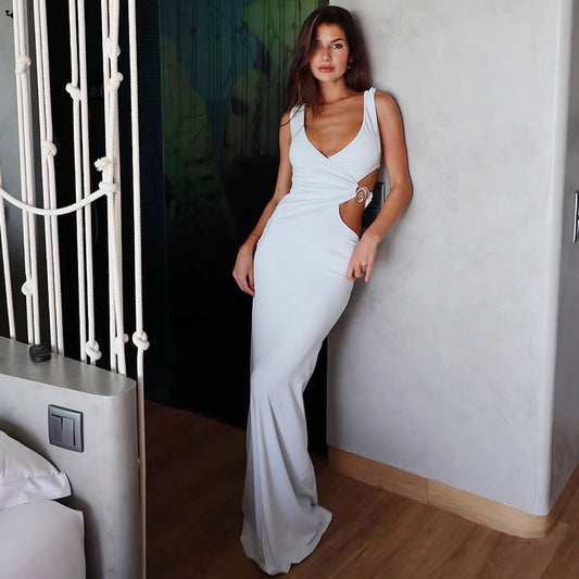 Summer Women Clothing Solid Color V neck Maxi Dress Sexy Cutout Sheath Dress Women