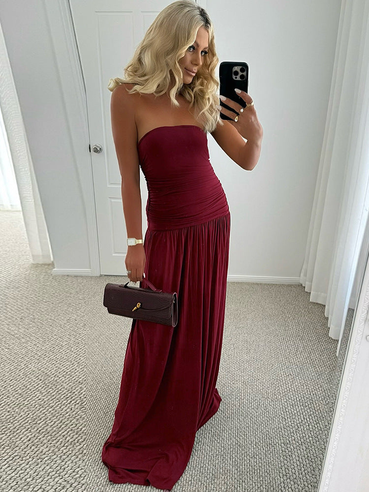 Women Clothing Solid Color Sleeveless Backless Slim Fit Pleated Tube Top Maxi Dress