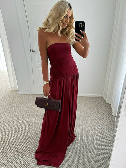 Women Clothing Solid Color Sleeveless Backless Slim Fit Pleated Tube Top Maxi Dress