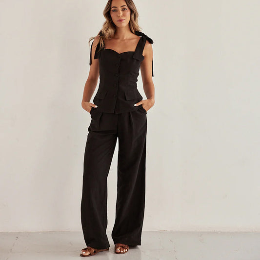 Spring Summer Black Bandeau Sling Top High Waist Wide Leg Pants Two Piece Set - Iyanka