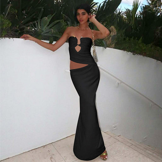 Sexy Tube Top Stitching Steel Ring Cropped Outfit Sheath Long Adult Lady like Woman Dress Women